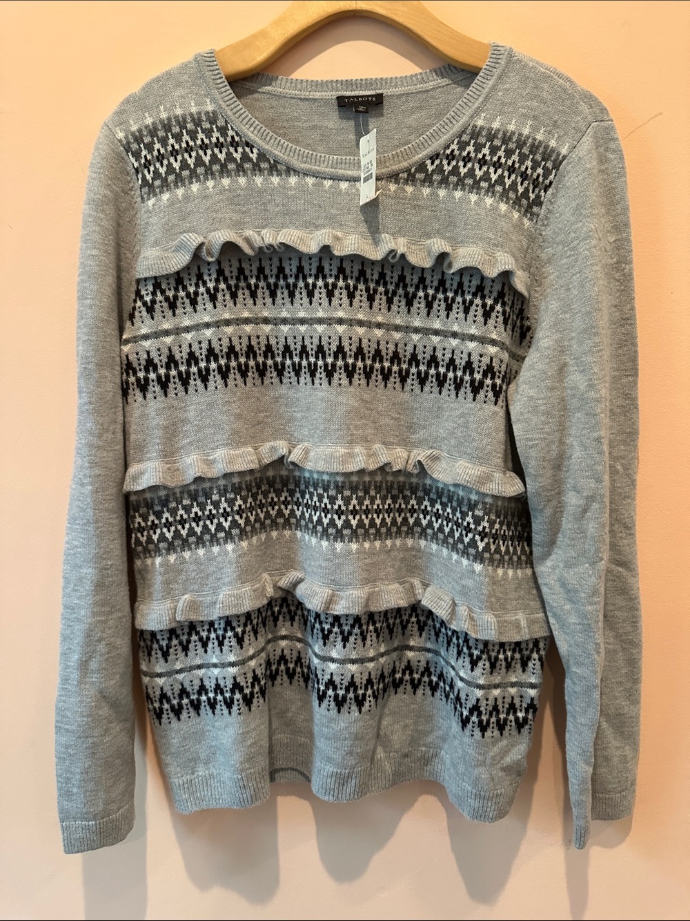 Talbots Gray Fair Isle Ruffle Lambswool Blend Crewneck Sweater NWT
